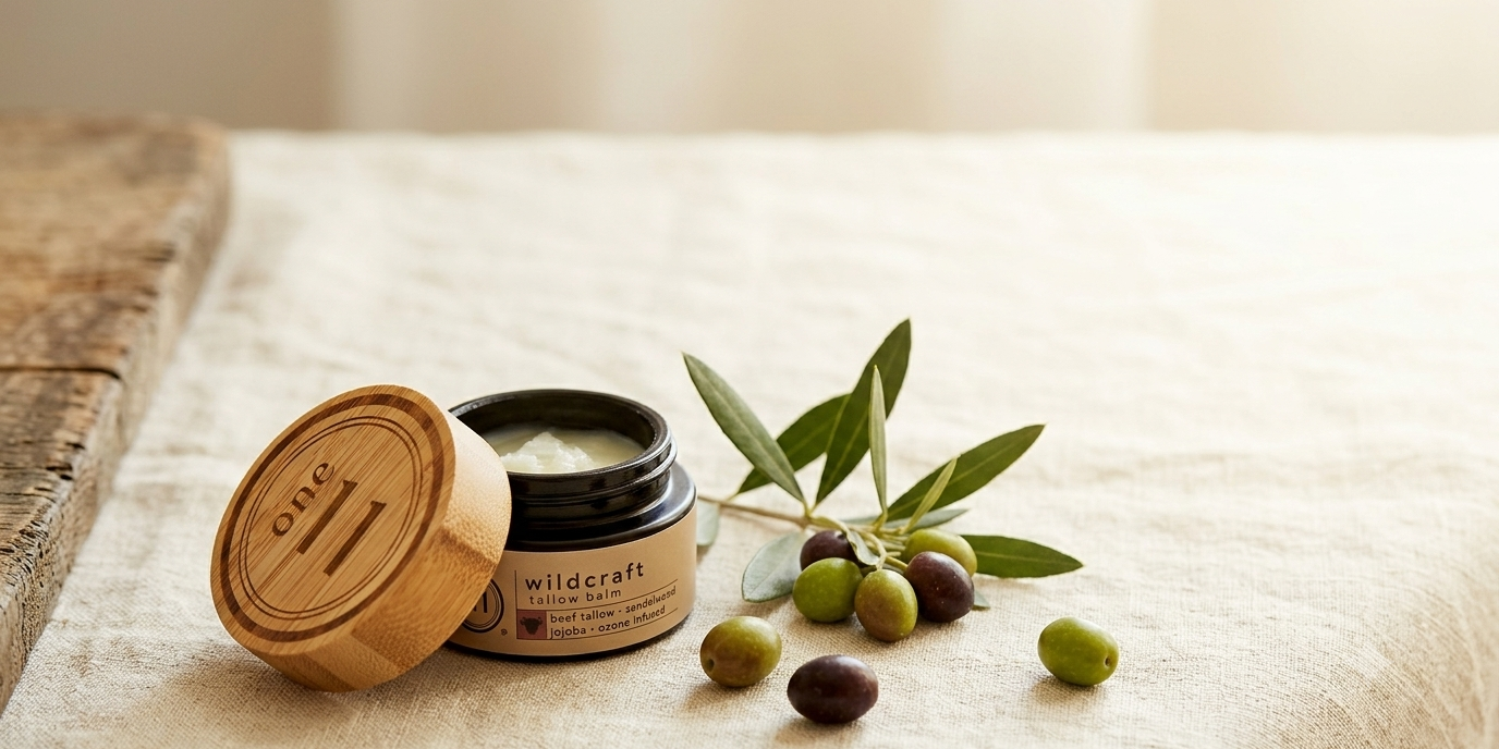 ONE11 Wildcraft tallow balm in an amber glass jar with engraved bamboo lid, olives and olive branch on cream linen
