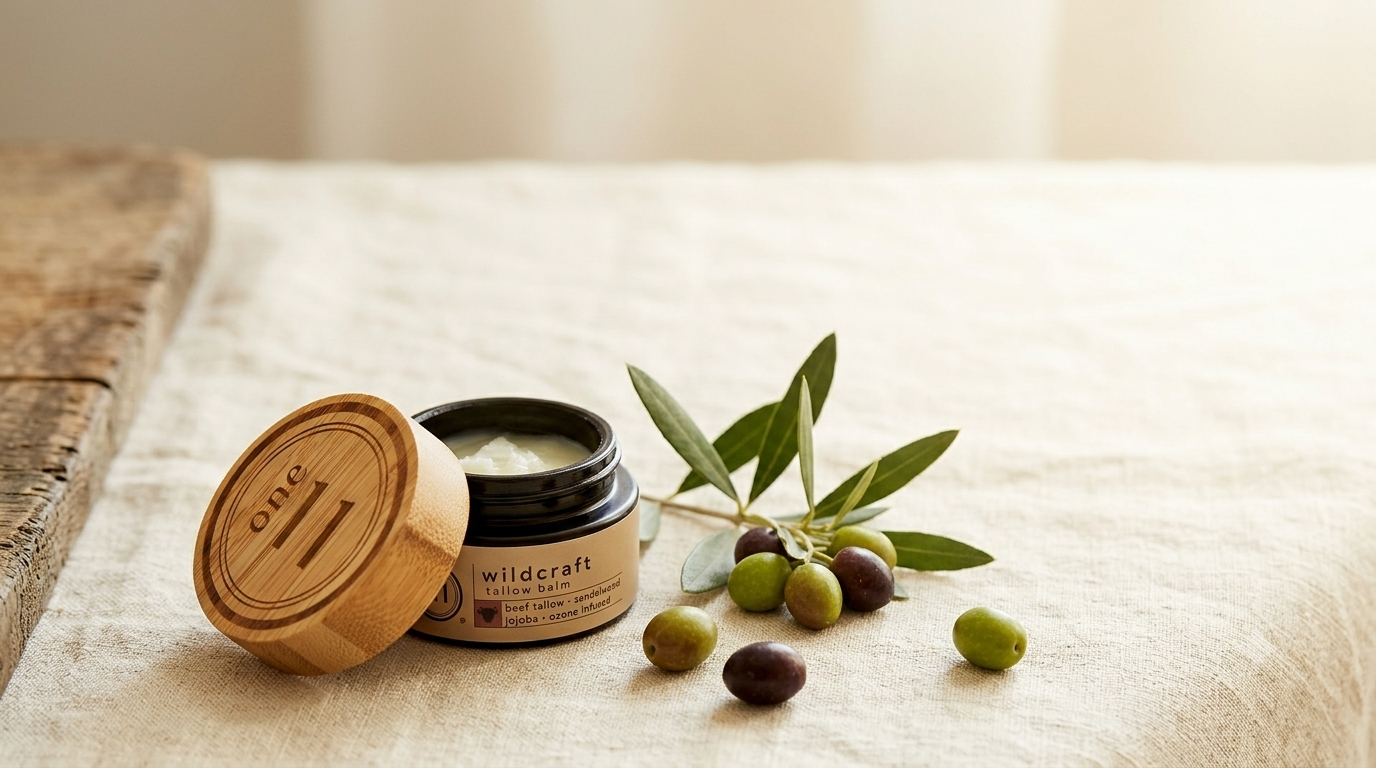 ONE11 Wildcraft tallow balm in an amber glass jar with engraved bamboo lid, olives and olive branch on cream linen